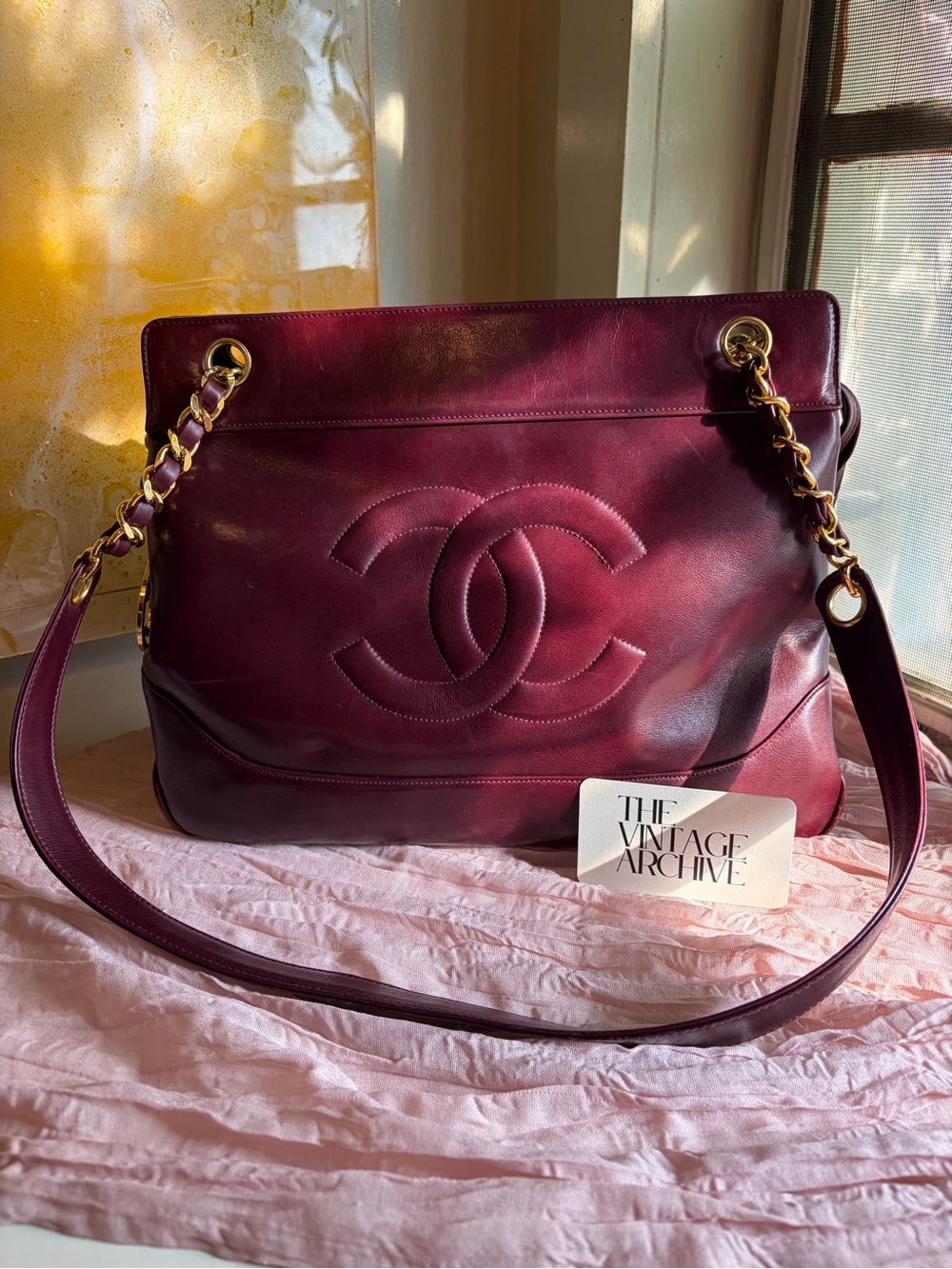 Chanel Vintage Burgundy CC Logo Chain Tote with Medallion